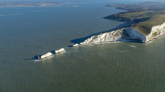 An aerial view of the Needles and lighthouse, Isle of Wight.
